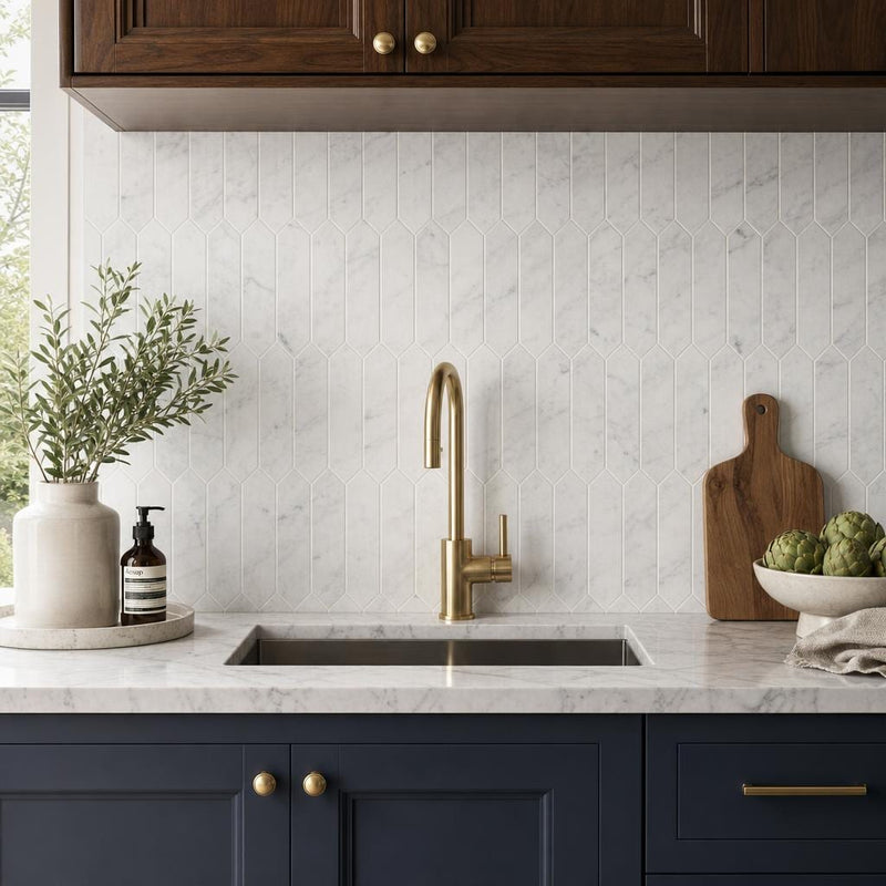 Carrara White 3x12 Picket Honed Marble Tile 4x12 — Kitchen backsplash