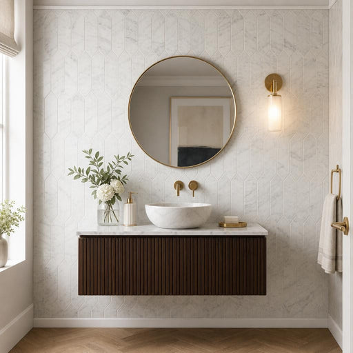 Carrara White 3x12 Picket Honed Marble Tile 4x12 — Powder Room wall