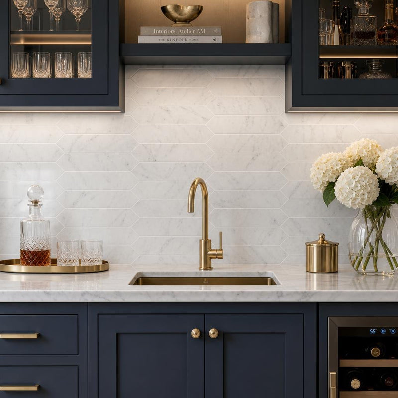 Carrara White 3x12 Picket Honed Marble Tile 4x12 — Wet Bar backsplash