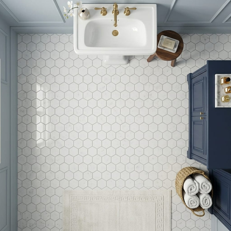 Carrara White 3x3 Hexagon Polished Marble Mosaic — Bathroom floor