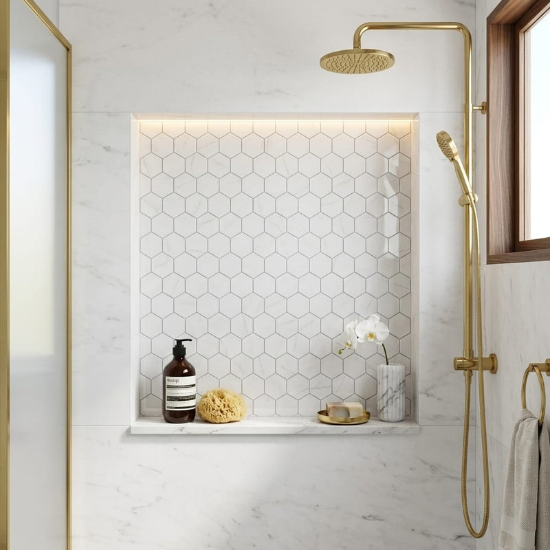 Carrara White 3x3 Hexagon Polished Marble Mosaic — Bathroom niche