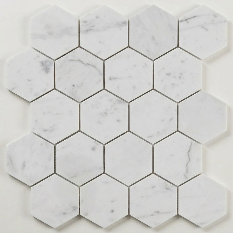 Carrara White 3x3 Hexagon Polished Marble Mosaic close-up
