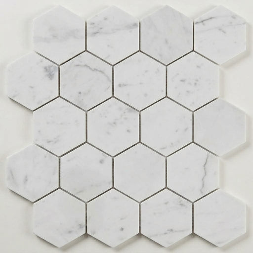 Carrara White 3x3 Hexagon Polished Marble Mosaic close-up
