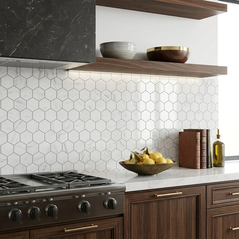 Carrara White 3x3 Hexagon Polished Marble Mosaic — Kitchen backsplash
