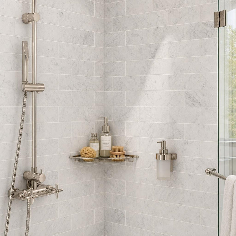 Carrara White 3x6 Honed Marble Tile — Bathroom shower wall