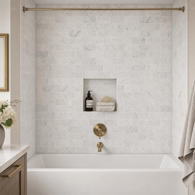 Carrara White 3x6 Honed Marble Tile — Bathroom tub surround