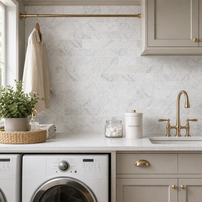 Carrara White 3x6 Honed Marble Tile — Laundry Room backsplash