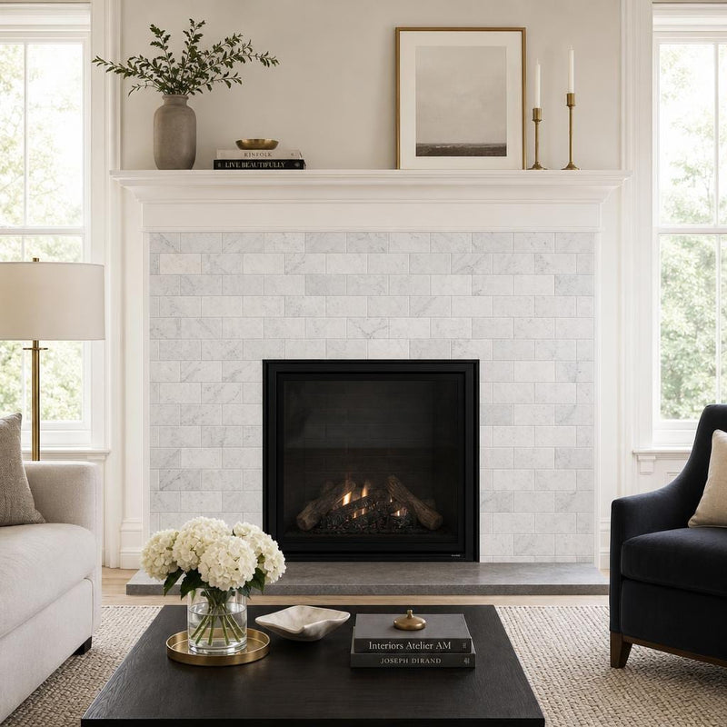 Carrara White 3x6 Honed Marble Tile — Living Room fireplace surround