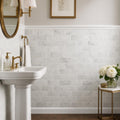 Carrara White 3x6 Honed Marble Tile — Powder Room wainscot