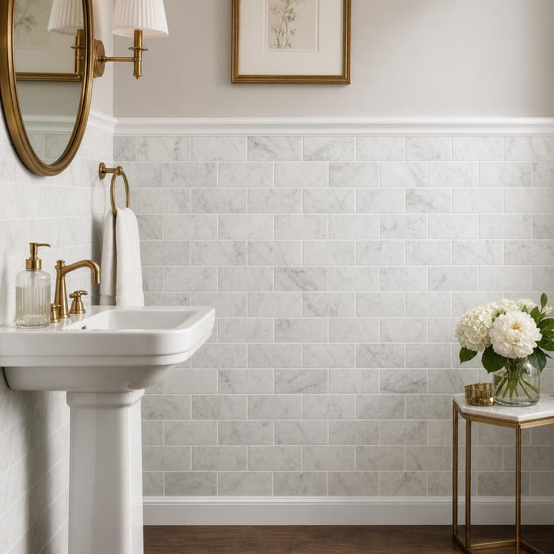 Carrara White 3x6 Honed Marble Tile — Powder Room wainscot