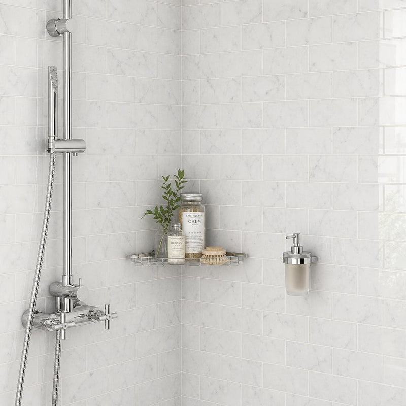 Carrara White 3x6 Polished Marble Tile — Bathroom shower wall
