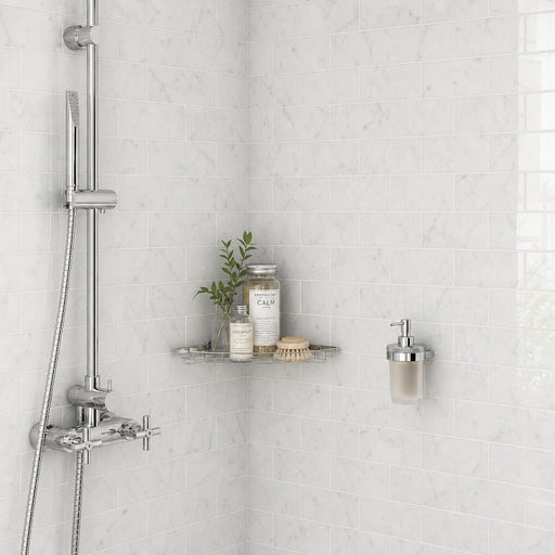 Carrara White 3x6 Polished Marble Tile — Bathroom shower wall