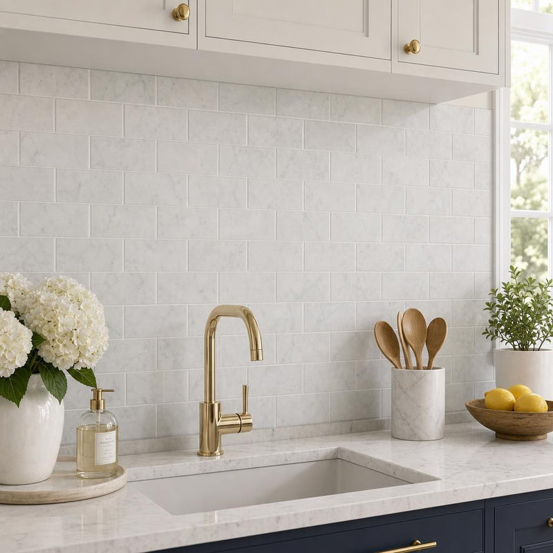 Carrara White 3x6 Polished Marble Tile — Kitchen backsplash