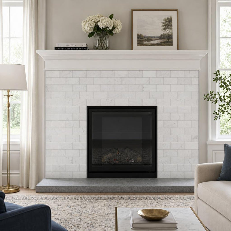 Carrara White 3x6 Polished Marble Tile — Living Room fireplace surround