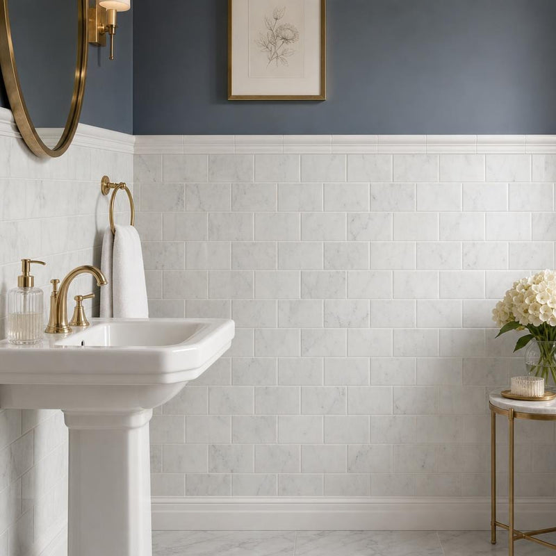 Carrara White 3x6 Polished Marble Tile — Powder Room wainscot