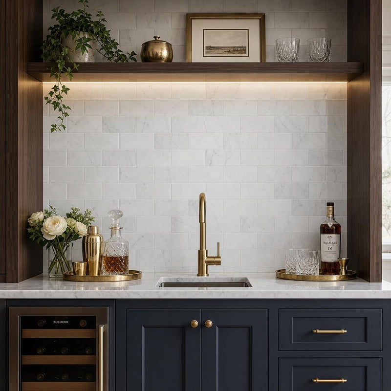 Carrara White 3x6 Polished Marble Tile — Wet Bar backsplash