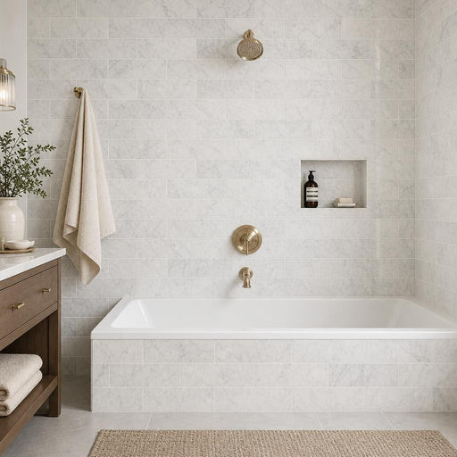 Carrara White 4x12 Honed Marble Tile — Bathroom tub surround
