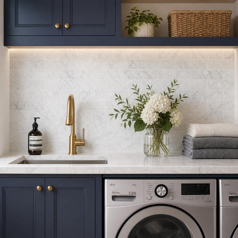 Carrara White 4x12 Honed Marble Tile — Laundry Room backsplash