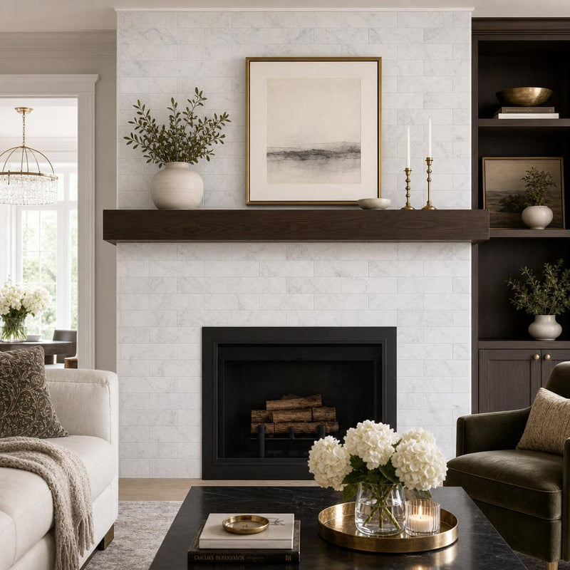 Carrara White 4x12 Honed Marble Tile — Living Room fireplace surround