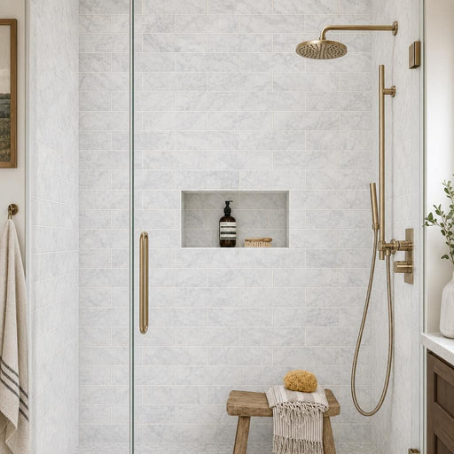 Carrara White 4x12 Polished Marble Tile — Bathroom shower wall