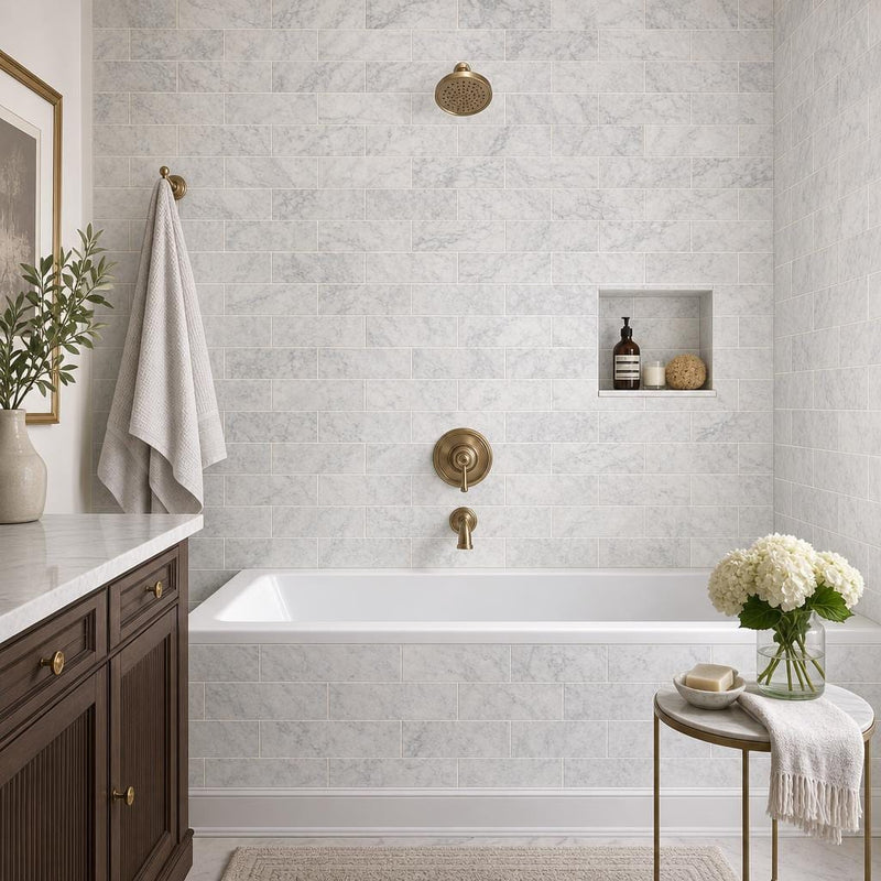 Carrara White 4x12 Polished Marble Tile — Bathroom tub surround