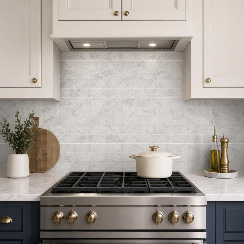 Carrara White 4x12 Polished Marble Tile — Kitchen backsplash