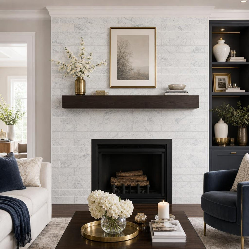 Carrara White 4x12 Polished Marble Tile — Living Room fireplace surround