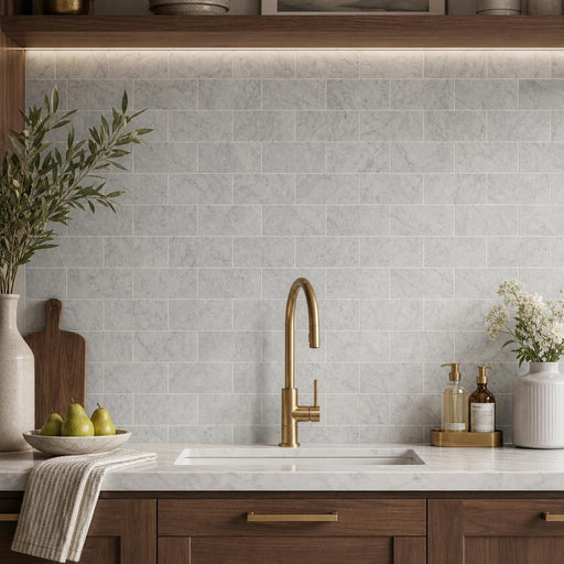 Carrara White 6x12 Polished Marble Tile — Kitchen backsplash