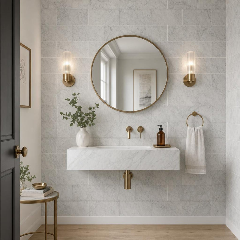 Carrara White 6x12 Polished Marble Tile — Powder Room wall