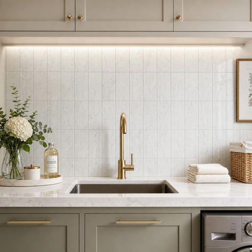 Carrara White 6x12 Subway Polished Micro-Beveled Veined Marble Tile — Laundry Room backsplash