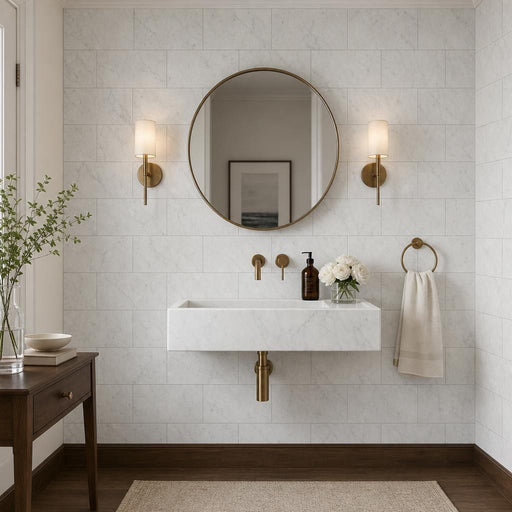 Carrara White 6x12 Subway Polished Micro-Beveled Veined Marble Tile — Powder Room wall