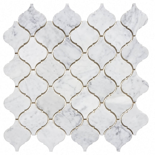Carrara white honed marble lantern mosaic tile sheet, approximately 12 x 12 inches.