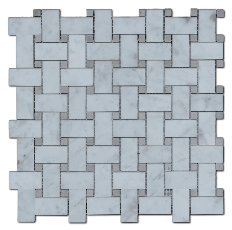 Carrara White Basketweave with Beige Dots 12x12 Polished Veined Marble Mosaic