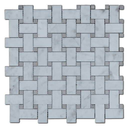Carrara White Basketweave with Beige Dots 12x12 Polished Veined Marble Mosaic