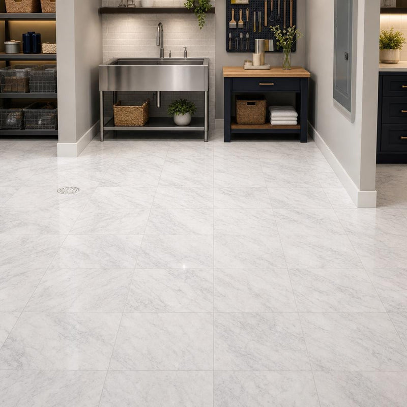 Carrara White (C) 12x12 Honed Marble Tile — Basement floor