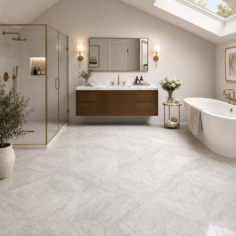 Carrara White (C) 12x12 Honed Marble Tile — Bathroom floor