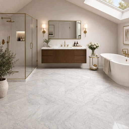 Carrara White (C) 12x12 Honed Marble Tile — Bathroom floor