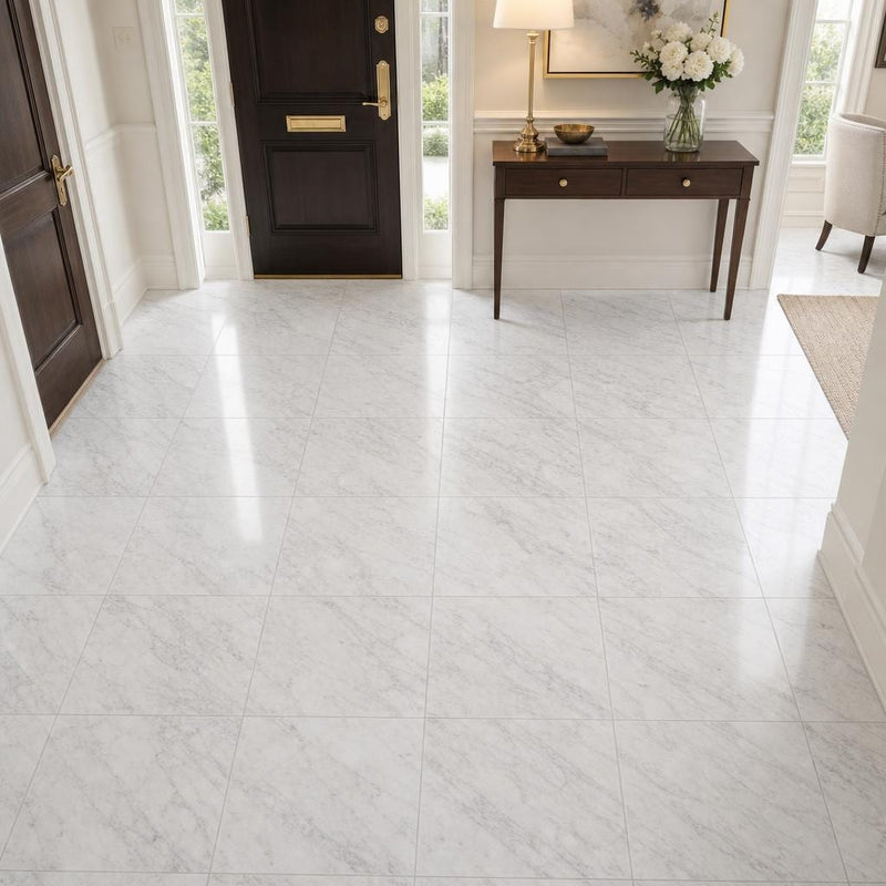 Carrara White (C) 12x12 Honed Marble Tile — Foyer floor
