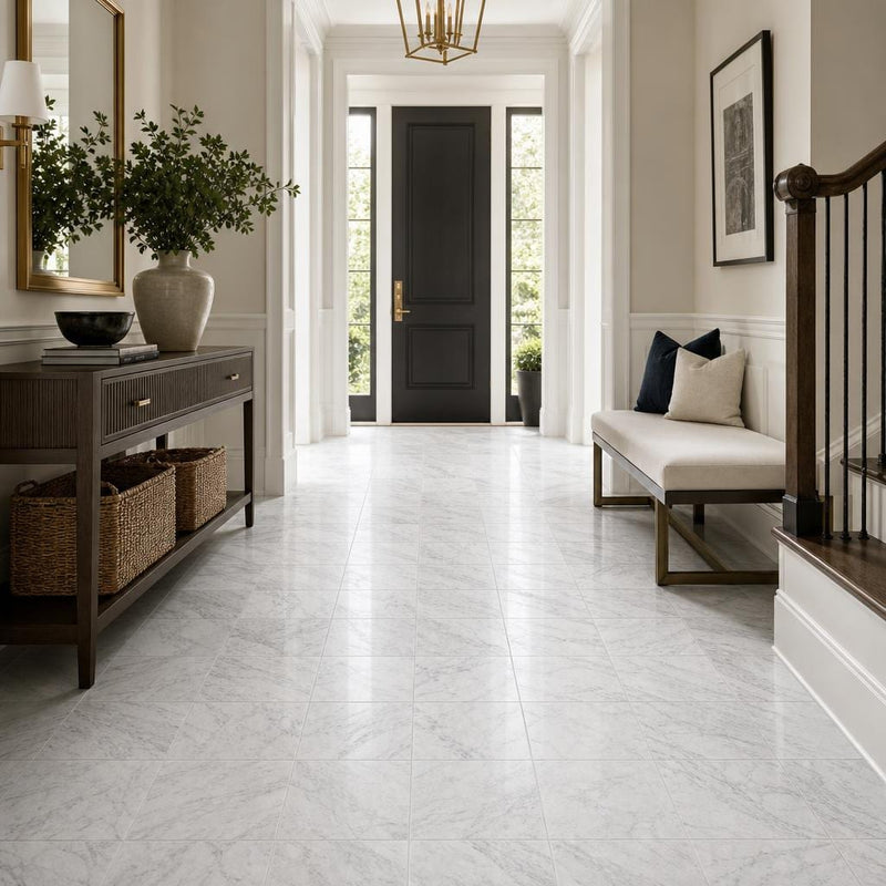 Carrara White (C) 12x12 Honed Marble Tile — Hallway floor