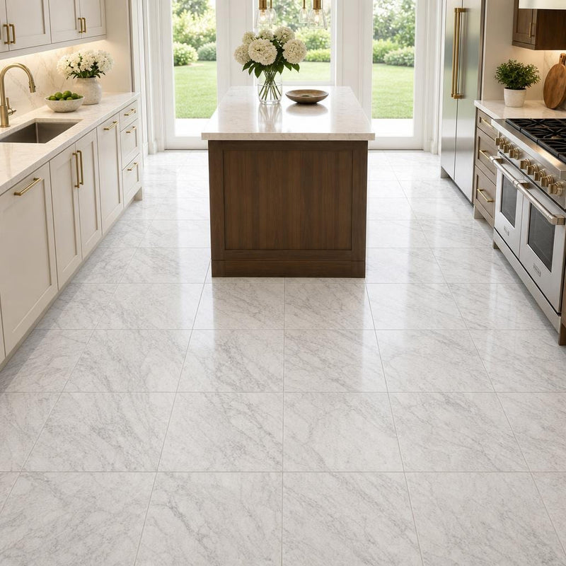 Carrara White (C) 12x12 Honed Marble Tile — Kitchen floor