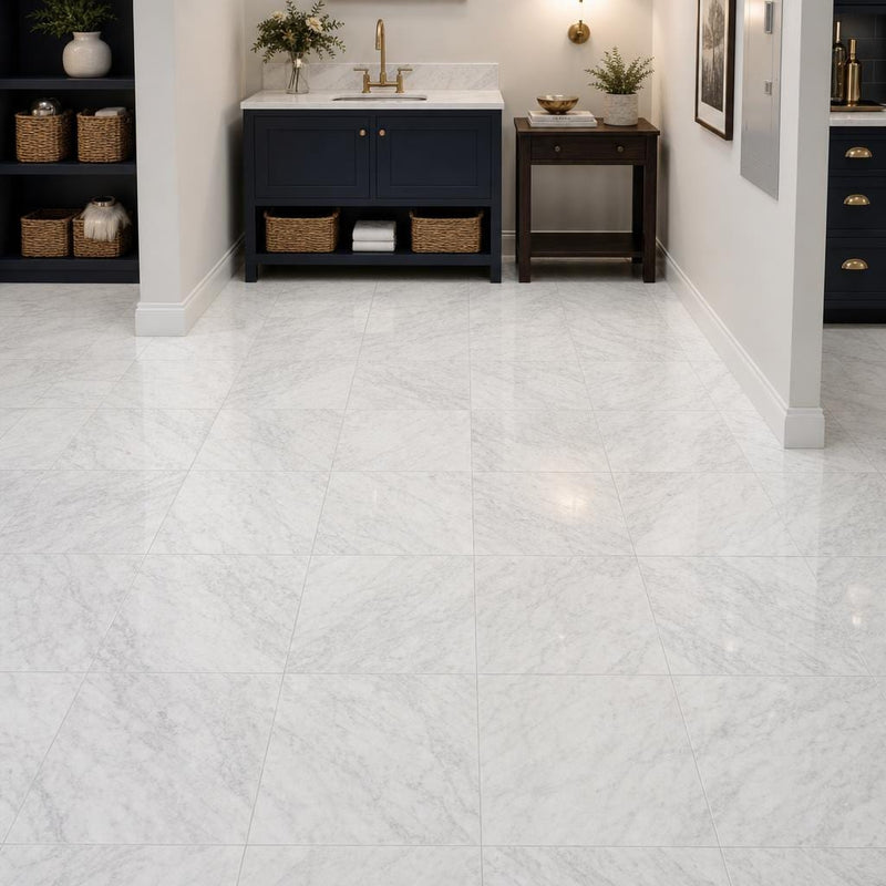 Carrara White (C) 12x12 Polished Marble Tile — Basement floor