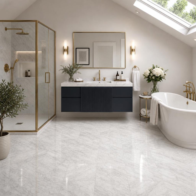 Carrara White (C) 12x12 Polished Marble Tile — Bathroom floor