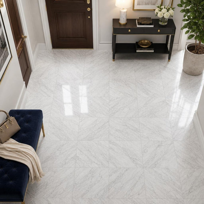 Carrara White (C) 12x12 Polished Marble Tile — Foyer floor