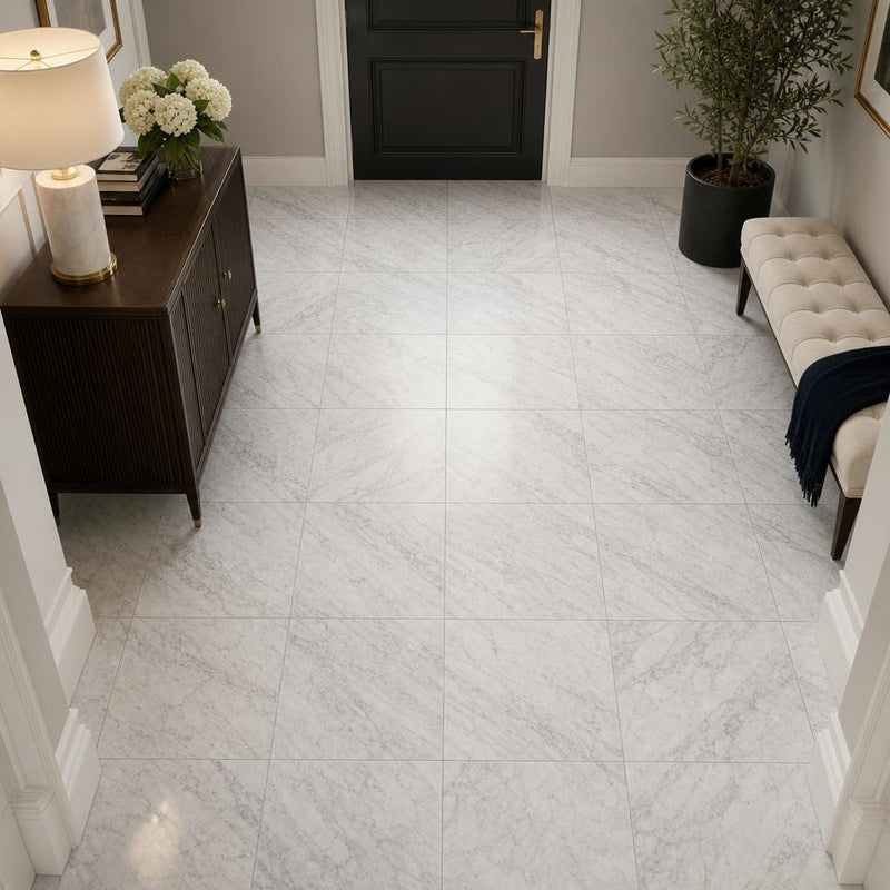 Carrara White (C) 12x12 Polished Marble Tile — Hallway floor