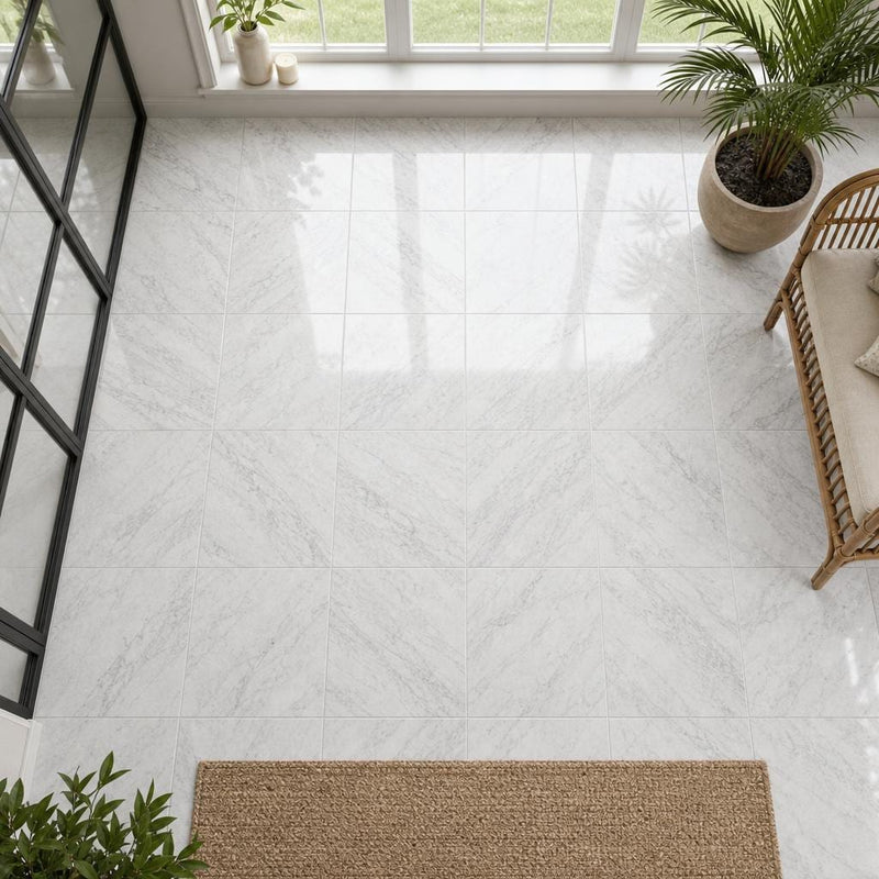 Carrara White (C) 12x12 Polished Marble Tile — Sunroom floor