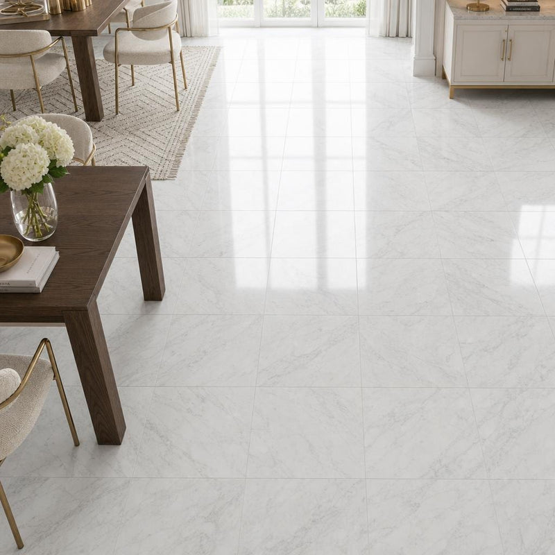 Carrara White (C) 18x18 Honed Marble Tile — Dining Room floor
