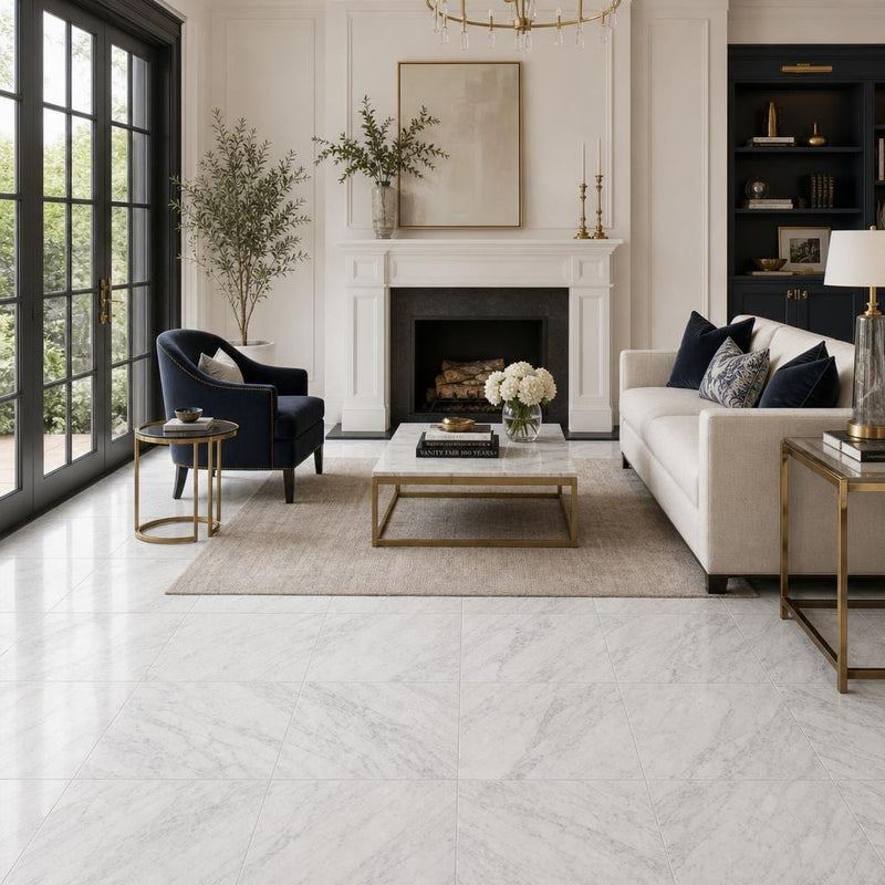 Carrara White (C) 18x18 Honed Marble Tile — Living Room floor