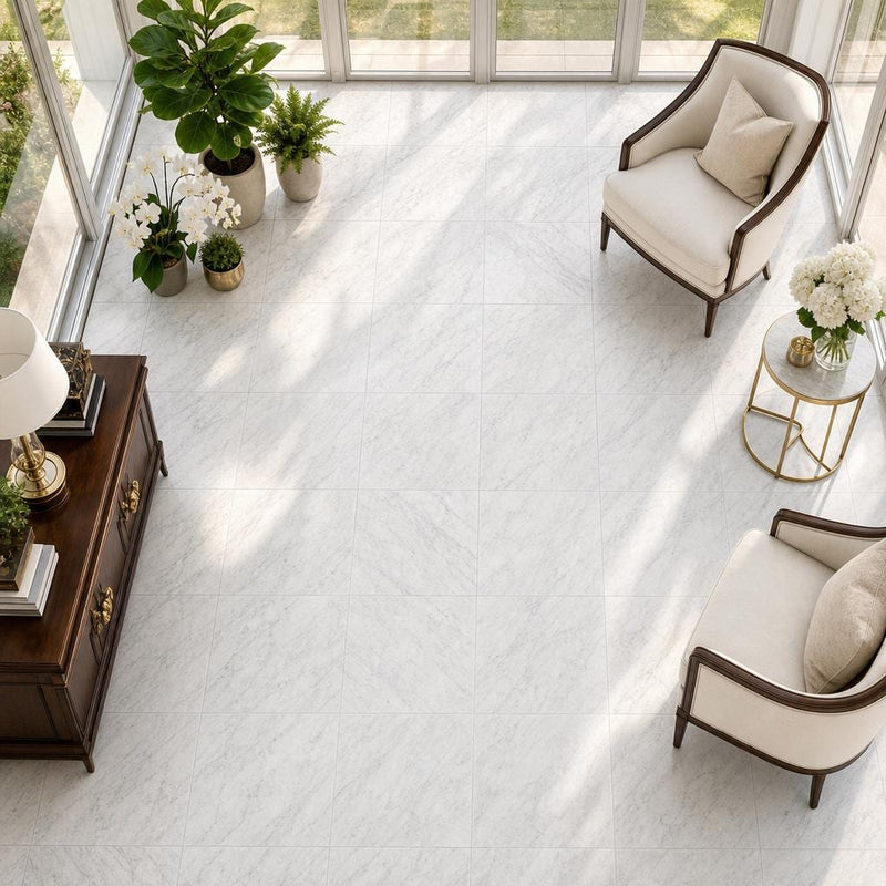 Carrara White (C) 18x18 Honed Marble Tile — Sunroom floor