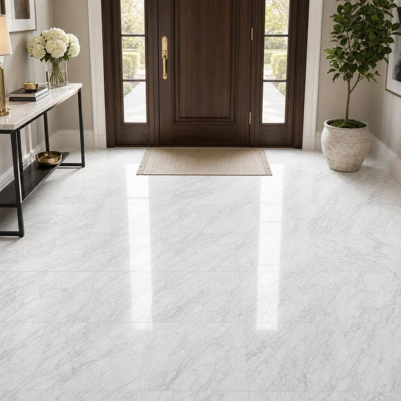 Carrara White (C) 18x18 Polished Marble Tile — Foyer floor