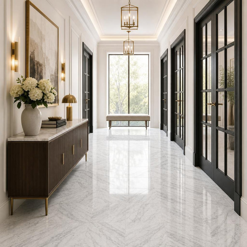 Carrara White (C) 18x18 Polished Marble Tile — Hallway floor